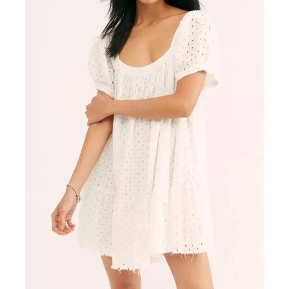 FREE PEOPLE JANIE EYELET RUFFLE MINI TUNIC DRESS Small Size White Embroidery - Picture 1 of 14